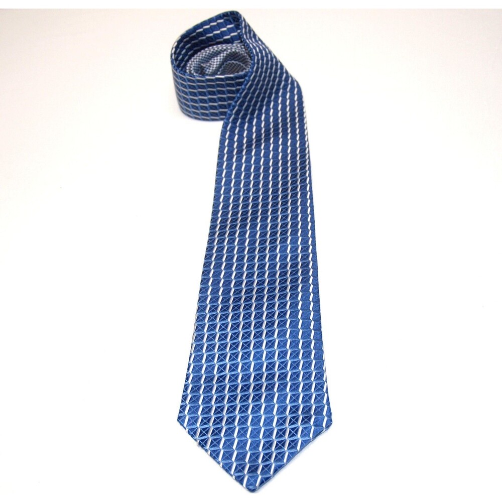 Tommy Hilfiger Tie Blue 100% Textured Silk Necktie Geometric Pattern Made in USA